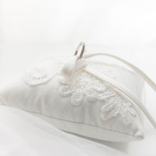 Load image into Gallery viewer, RubyBabyDesigns Memories in Threads Wedding Ring Pillow. A gorgeous ring pillow created from special clothing pieces. Handmade and designed in Melbourne. Crafted from loved ones clothing such as wedding dresses. Approximately 11cm x 11cm. 