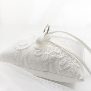 RubyBabyDesigns Memories in Threads Wedding Ring Pillow. A gorgeous ring pillow created from special clothing pieces. Handmade and designed in Melbourne. Crafted from loved ones clothing such as wedding dresses. Approximately 11cm x 11cm. 