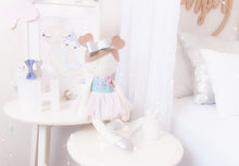 Load image into Gallery viewer, RubyBabyDesigns heirloom cloth doll, ballerina, faux leather, tulle, bow, felt, ballerina bun, ballet shoes, ragdoll, cloth decor, heirloom, keepsake, handmade, made in melbourne, blue, aqua, vintage floral, pink, roses, silver, toffee, pale pink, lilac