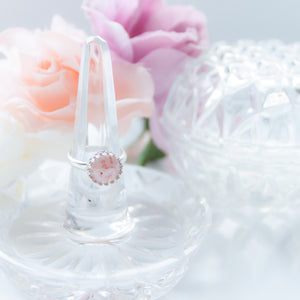 RubyBabyDesigns Keepsake Collective, Memories in Threads heirloom ring, containing preserved breast milk and first curl. Sterling Silver Crown style setting, silver, pink, pearl, preserved breastmilk, melbourne, handmade gem, resin jewellery piece