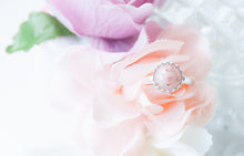 Load image into Gallery viewer, RubyBabyDesigns Keepsake Collective, Memories in Threads heirloom ring, containing preserved breast milk and first curl. Sterling Silver Crown style setting, silver, pink, pearl, preserved breastmilk, melbourne, handmade gem, resin jewellery piece