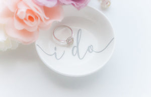 RubyBabyDesigns Keepsake Collective Personalised ring dish, simple yet stunning white ceramic ring dish featuring personalisation with name or word. Perfect for gifting or wedding. Text is grey on a white / off white dish. Personalised in Melbourne. 