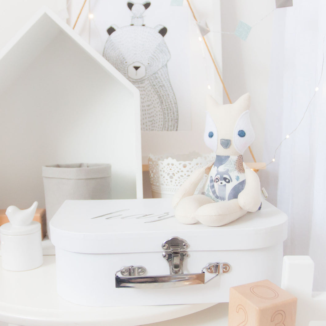 RubyBabyDesigns Keepsake Collective Cloth Mini Mee Fox handmade in melbourne using cotton. Wool blend felt on cheeks and nose, with hand embroidered eyes and hand blushed cheeks. Body print is a lovely watercolour mountain and animal print. 