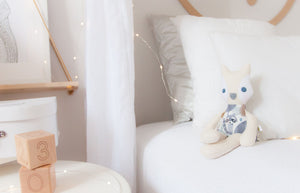 RubyBabyDesigns Keepsake Collective Cloth Mini Mee Fox handmade in melbourne using cotton. Wool blend felt on cheeks and nose, with hand embroidered eyes and hand blushed cheeks. Body print is a lovely watercolour mountain and animal print. 