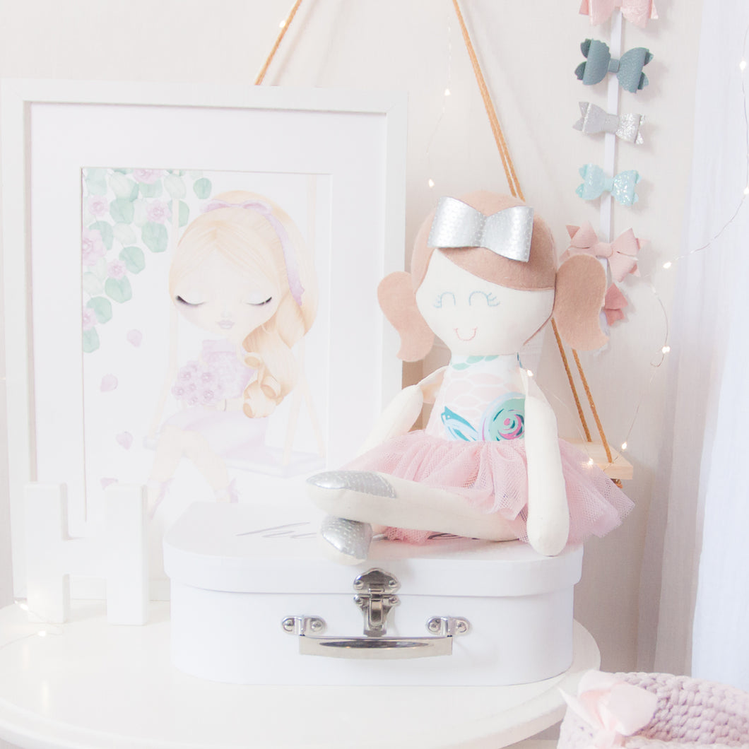 RubyBabyDesigns Keepsake Collective Pascal Ballerina Modern Heirloom Cloth Doll, ballerina, pastels, floral, modern floral, tutu, peachy pink, bow, silver, aqua, mint, toffee, wool, felt, cotton, handmade, made in melbourne