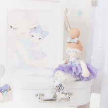 Load image into Gallery viewer, RubyBabyDesigns Keepsake Collective Mini Mee Ballerina Mermaid Heirloom Cloth Doll Decor, a scale printed body with lovely tones of lilacs, blues, aquas, greens, pinks, whites. Paired with a lilac tutu skirt and silver sequin mermaid tail. Ballerina bun sitting on top of her head in a wool blend toffee and a faux leather silver bow in her hair. Handmade and designed in Melbourne and environmentally friendly PET fill.