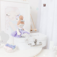 Load image into Gallery viewer, RubyBabyDesigns Keepsake Collective Mini Mee Ballerina Mermaid Heirloom Cloth Doll Decor, a scale printed body with lovely tones of lilacs, blues, aquas, greens, pinks, whites. Paired with a lilac tutu skirt and silver sequin mermaid tail. Ballerina bun sitting on top of her head in a wool blend toffee and a faux leather silver bow in her hair. Handmade and designed in Melbourne and environmentally friendly PET fill.