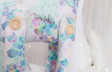 Load image into Gallery viewer, RubyBabyDesigns Keepsake Collective Heirloom Cloth Decor Unity the Unicorn in Classic style. Simply wool blend mane and tail with a lovely mermaid scale inspired print. Handmade engraved wooden buttons on the legs. Faux leather silver horn and ears. Handmade and Designed in Melbourne.