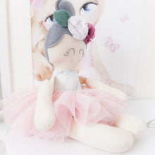 Load image into Gallery viewer, RubyBabyDesigns Keepsake Collective Deluxe Ballerina Mini Mee Modern Heirloom Cloth Doll, handmade in melbourne with seeded cotton arms and legs and face, made with cotton body in a grey and white marble print, finished off with a lovely peachy pink tulle tutu skirt and flowers and leaves in her hair, atop a grey wool blend felt hair and bun. Handmade and Designed in Melbourne.