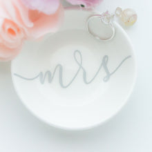 Load image into Gallery viewer, RubyBabyDesigns Keepsake Collective Personalised ring dish, simple yet stunning white ceramic ring dish featuring personalisation with name or word. Perfect for gifting or wedding. Text is grey on a white / off white dish. Personalised in Melbourne. 