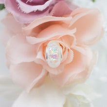 Load image into Gallery viewer, RubyBabyDesigns Keepsake Collective Birthstone European Bead Charm. April themed &quot;Diamond&quot; shimmer effect, created with opal like flecks set within clear resin with sterling silver cores. Handmade in Melbourne.