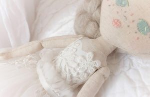 RubyBabyDesigns Memories in Threads Heirloom Keepsake Cloth Doll. Royal in design, etherial and classic in a mature way. Created with your amazing delicate and intricate or formal clothing such as wedding dresses. Created to replicate details down to hair and eye colour. Handmade in Melbourne. Afterpay available. 43cm tall.