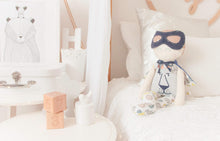 Load image into Gallery viewer, RubyBabyDesigns Keepsake Collective Memory Heirloom Cloth Doll Keepsake Superhero. Available in classic 45cm size and Mini Mee 26cm size. Created from loved ones clothing into a modern heirloom cloth doll. Handmade and designed in Melbourne.